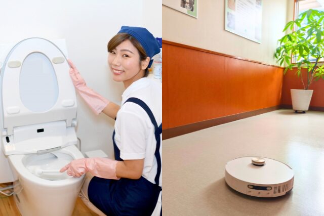 ロボット清掃と連携しながら病院を清掃する清掃スタッフ