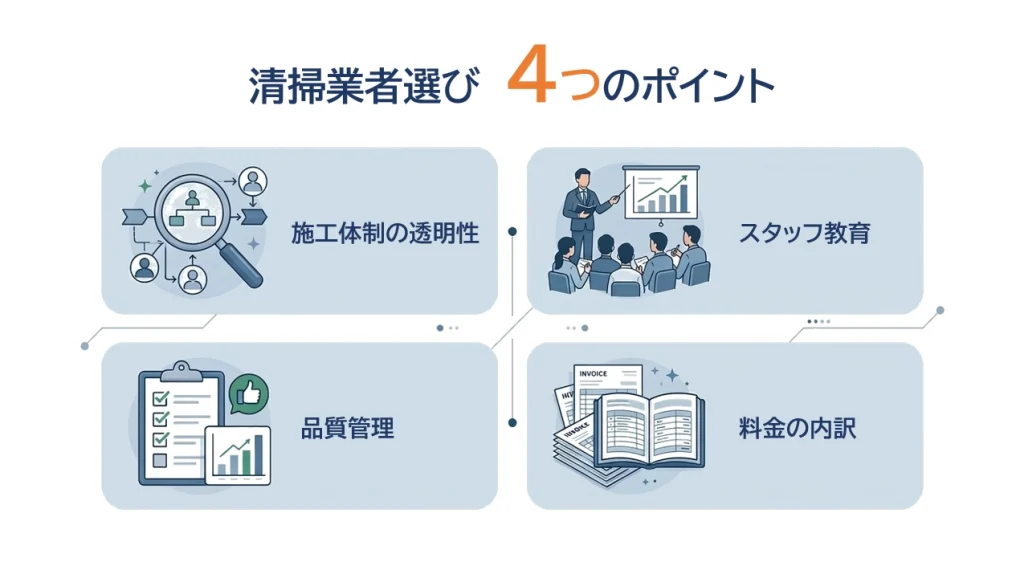 清掃業者選びで確認したい4つのポイントをまとめた図解