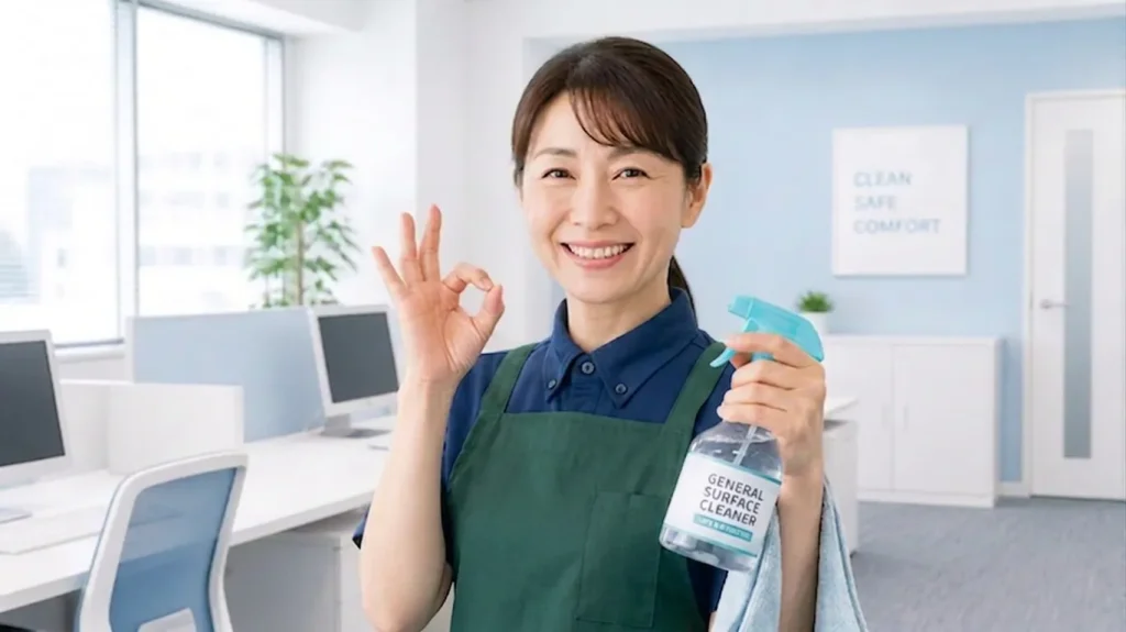 清掃用品を持ち笑顔でOKサインを見せる清掃スタッフ